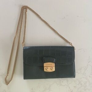 Coach Dark Green Croc-Embossed Leather Crossbody with Gold Chain
